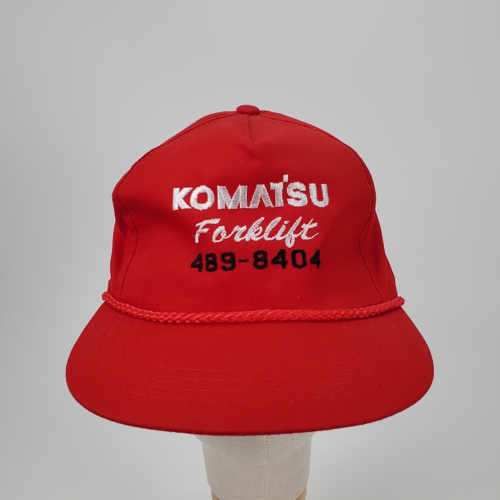 Vintage Komatsu Forklift Snapback Hat Red Yupoong‎ Rope Trucker Cap Mens OSFA